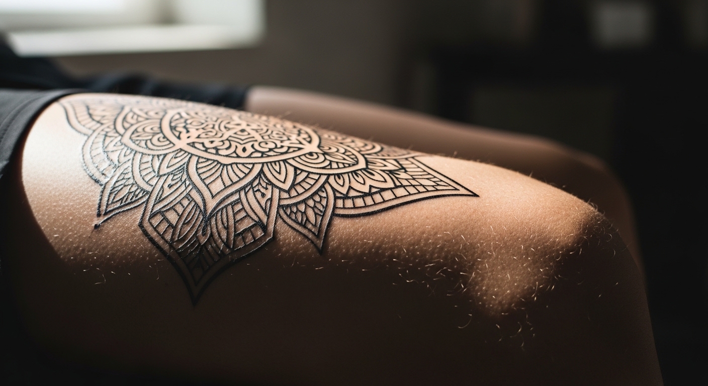 21 Striking Aesthetic Thigh Tattoo Stencils for the Modern Man
